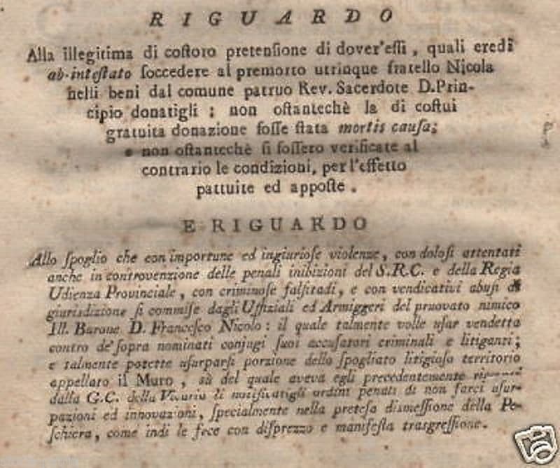 Allegazione Giuridica Antica Puglia Colucci Neri Fine '700