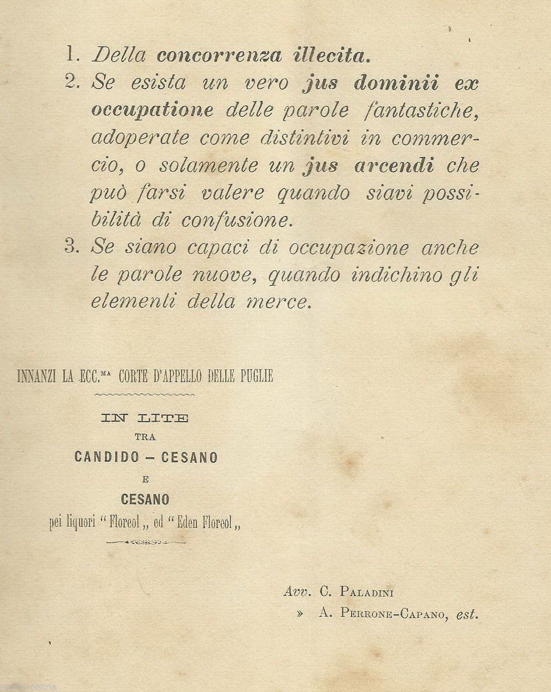 Concorrenza Illecita Liquori Floreol Lecce 1909: Rara Edizione Originale
