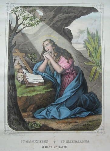 Santa Maria Maddalena, Litografia Antica Originale Colorata, 1850 Circa