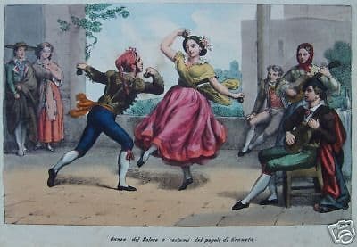 Litografia Antica Bolero Granada Spagna Costumi Popolari 1800
