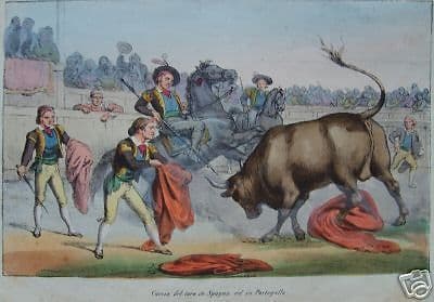 Litografia Sulla Caccia Del Toro E Costumi Popolari In Spagna E Portogallo (1850 Circa)
