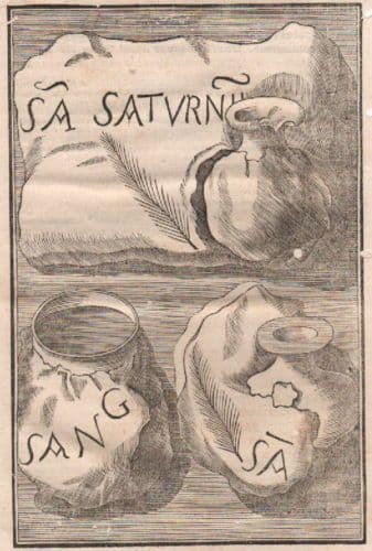 Antica Stampa Xilografica Con Ceramiche Bibliche E Cristiane, XVIII Secolo