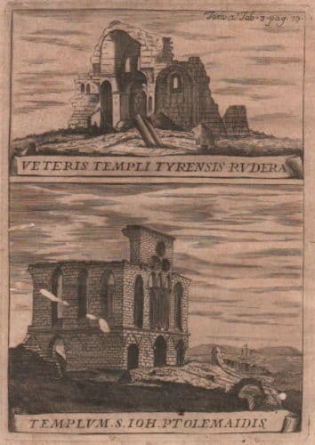 Incisione Antica Di Templi Biblici A Tiro E Tolemaide, 1750 Circa, Acquaforte