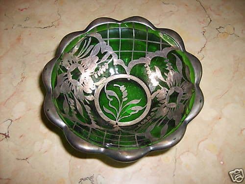Ciotola Antica In Vetro Verde Laminato Argento Liberty Decò