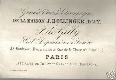 Cartoncino Pubblicitario Champagne Bollinger d'Ay, Primo '900