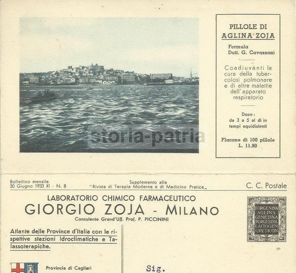 Cartolina Pubblicitaria Farmaceutica Zoja Cagliari Sardegna 1933