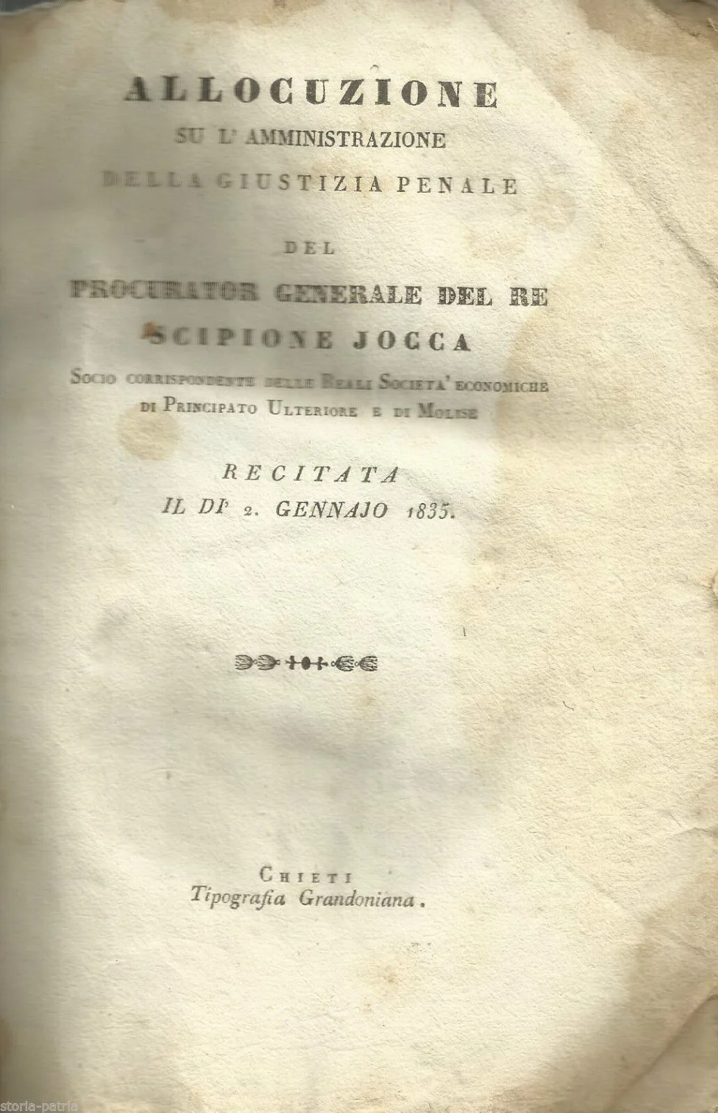 Allocuzione Sull'Amministrazione Della Giustizia Penale, Scipione Jocca, Chieti, 1835