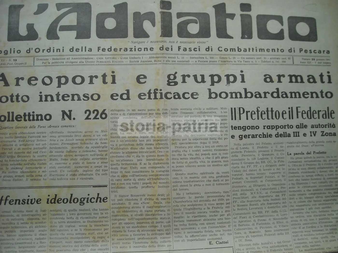 Giornale L'Adriatico, 20 Gennaio 1941, Pescara Bombardamenti WWII E Cronaca Abruzzese, foto 3 di 9