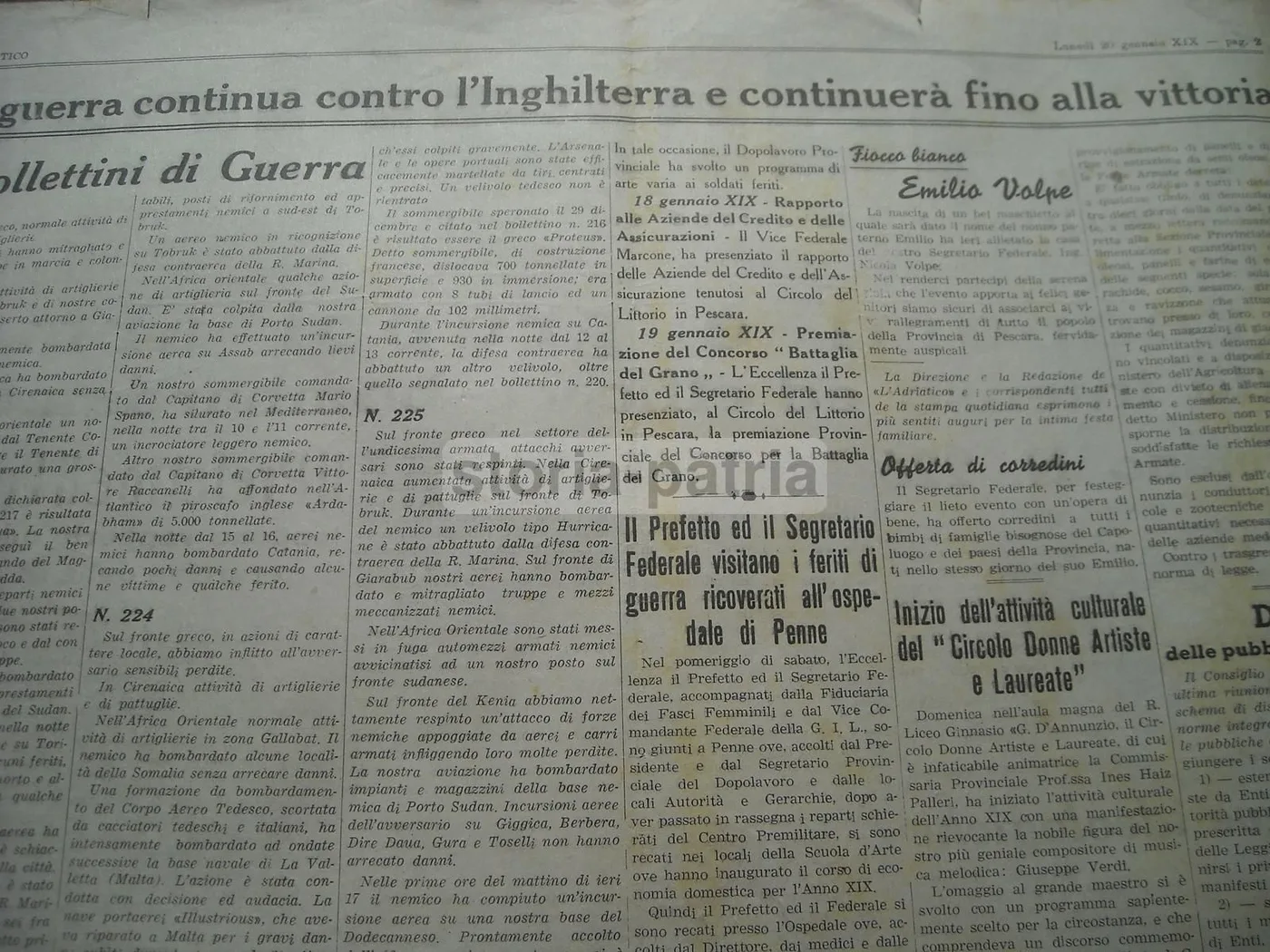 Giornale L'Adriatico, 20 Gennaio 1941, Pescara Bombardamenti WWII E Cronaca Abruzzese