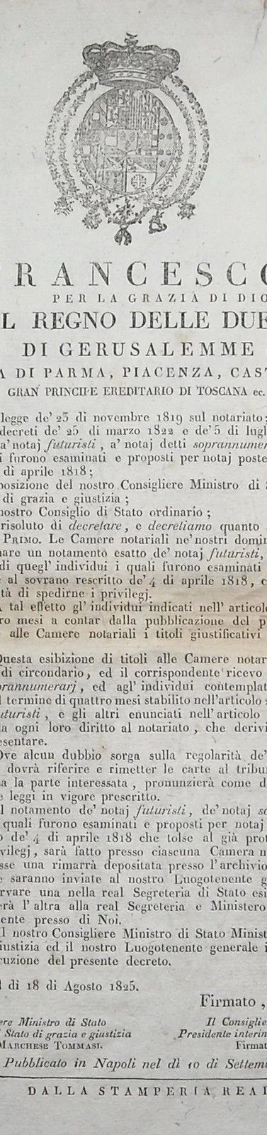 Editto Borbonico 1825, Re Francesco I, Regolamento Del Notariato E Stemma Araldico