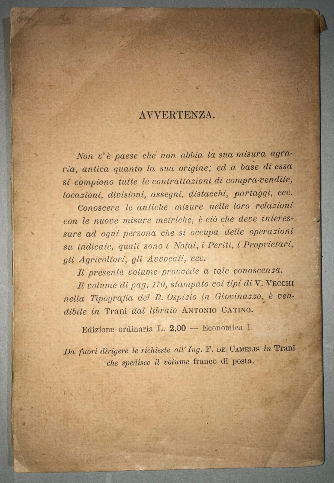Antiche Misure Agrarie Dell'Italia Meridionale. Innumerevoli Paesi Citati. De Camelis, foto 9 di 9