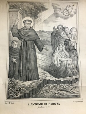 Stampa Popolare Devozionale: S. Antonio Di Padova Predica Ai Pesci, Napoli