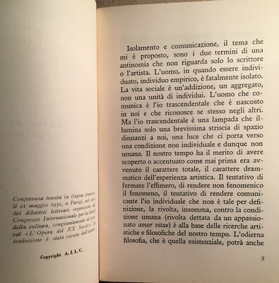 Eugenio Montale: La Solitudine Dell'Artista, Conferenza 1952