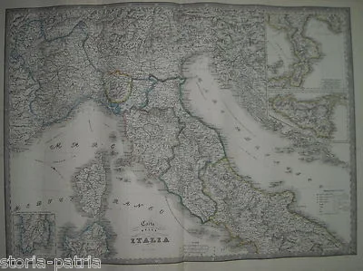 Antica Grande Mappa Delle Regioni d'Italia: Sicilia, Sardegna, Corsica E Territori Pre Unitari