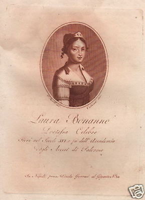 Sicilia, Palermo: Ritratto Di Laura Bonanno, Poetessa Dell'Accademia Degli Accesi. Incisione Originale (1818)