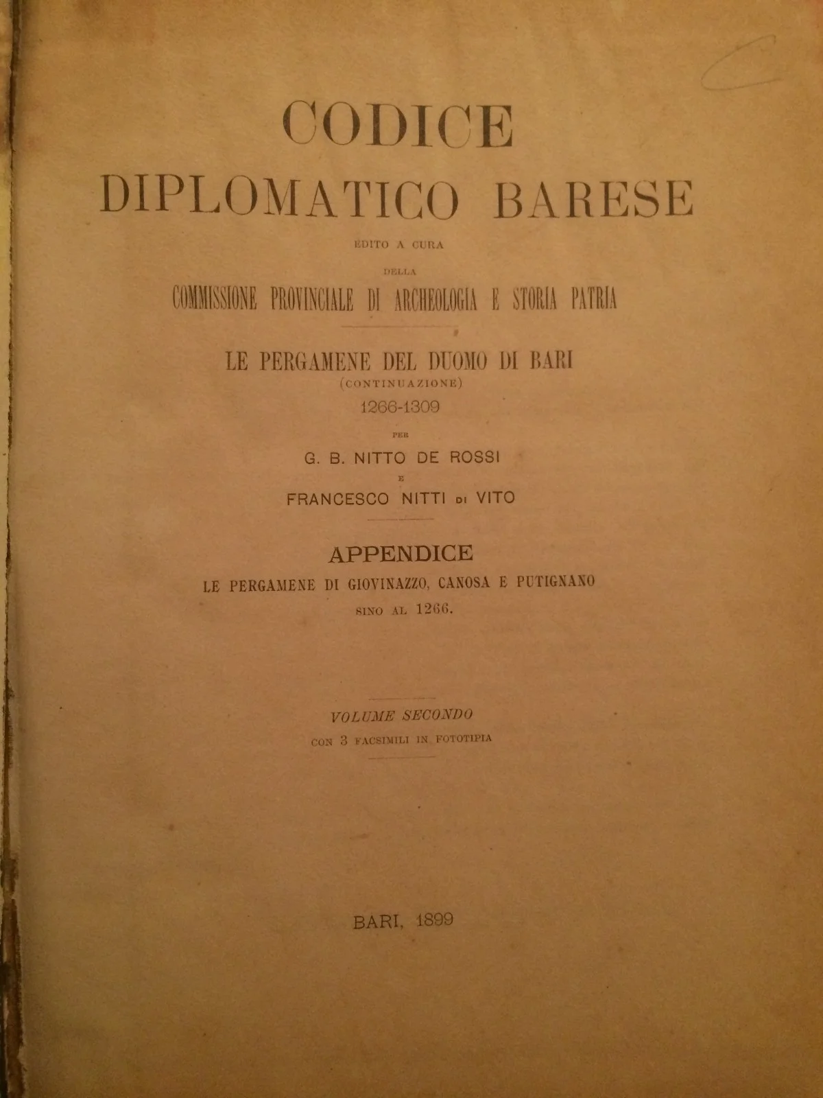 Codice Diplomatico Barese, Volume Secondo, Bari 1899, foto 11 di 12