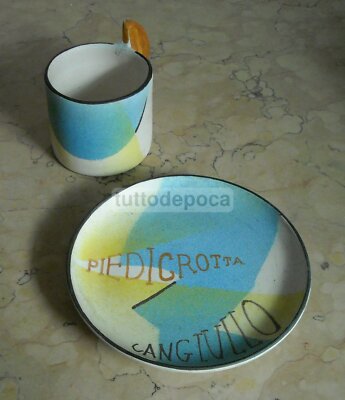 Tazza Con Piattino In Ceramica Di Albissola, Decoro Futurista Attribuito A Francesco Cangiullo