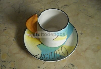 Tazza Con Piattino In Ceramica Di Albissola, Decoro Futurista Attribuito A Francesco Cangiullo