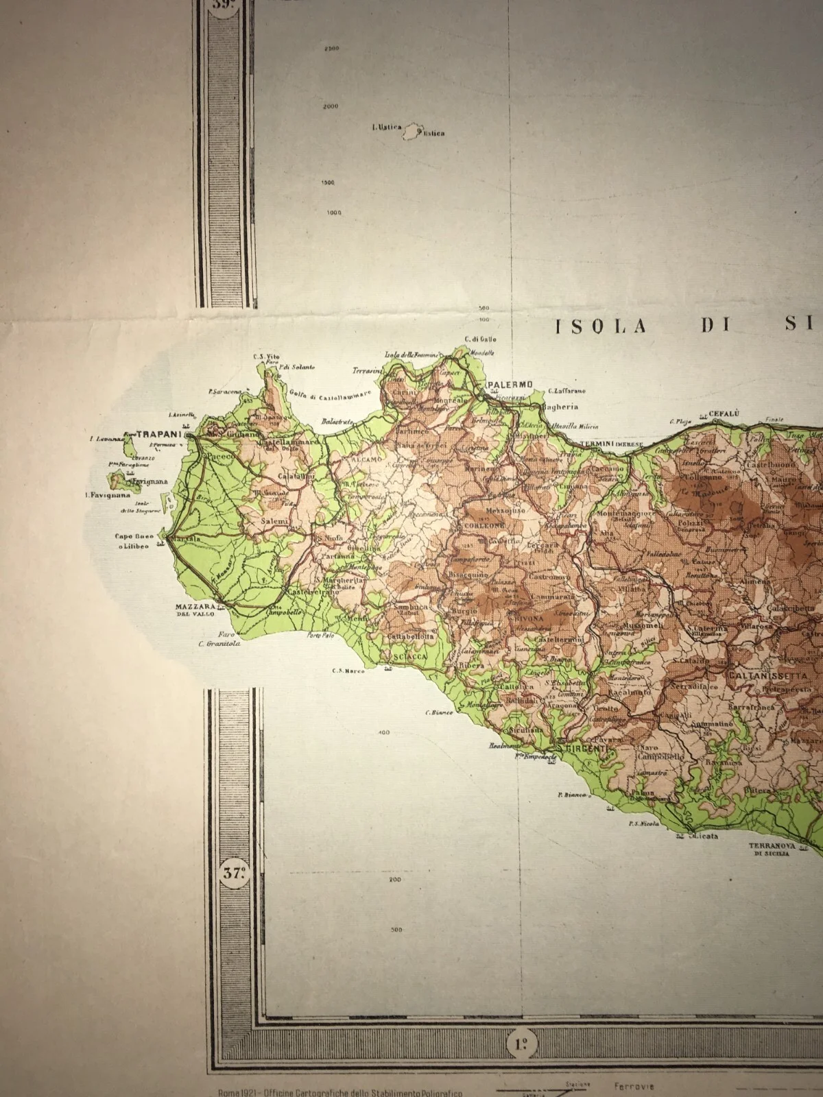 Grande Mappa Geografica, Geofisica E Ipsometrica d'Italia, 1921, foto 13 di 17