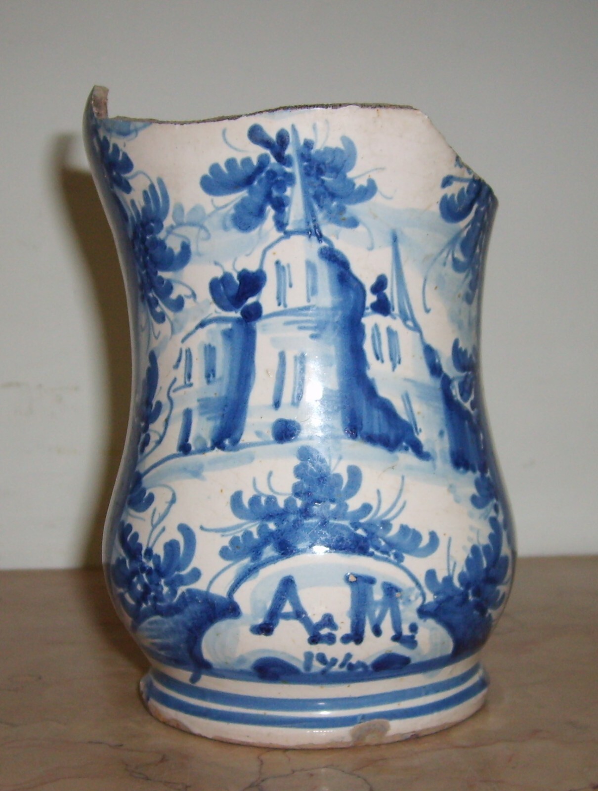 Antica Maiolica Meridionale Albarello Vaso Da Farmacia Veduta Paesaggistica '700