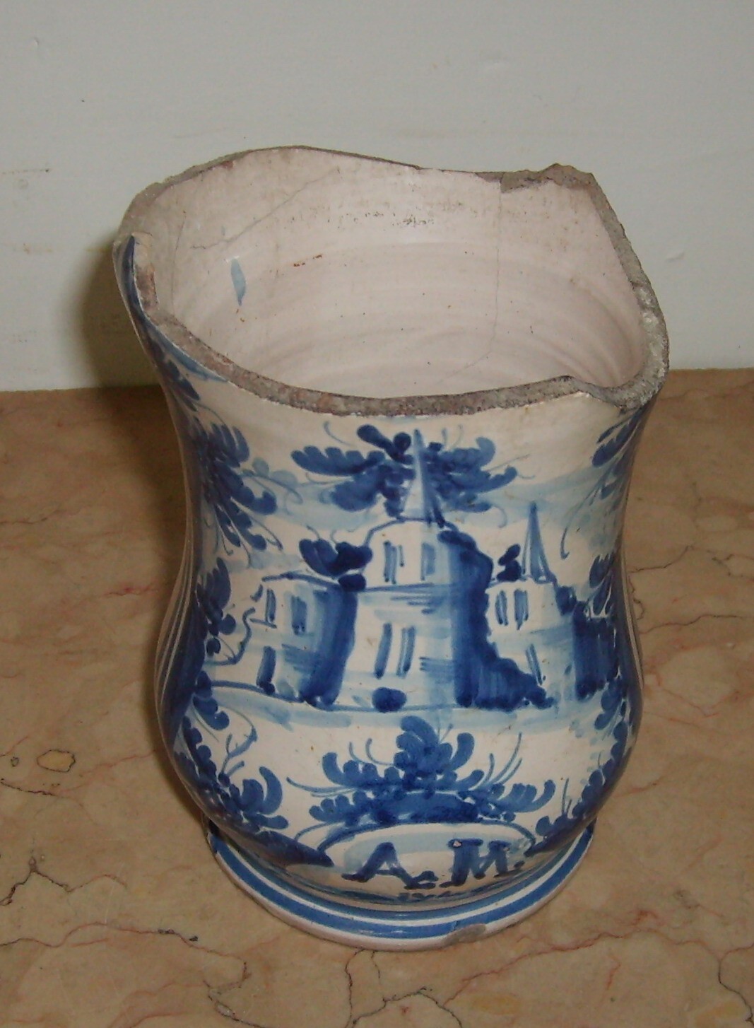 Antica Maiolica Meridionale Albarello Vaso Da Farmacia Veduta Paesaggistica '700