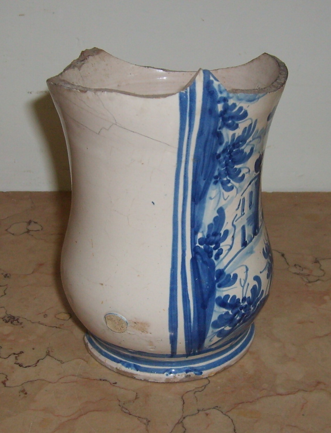 Antica Maiolica Meridionale Albarello Vaso Da Farmacia Veduta Paesaggistica '700