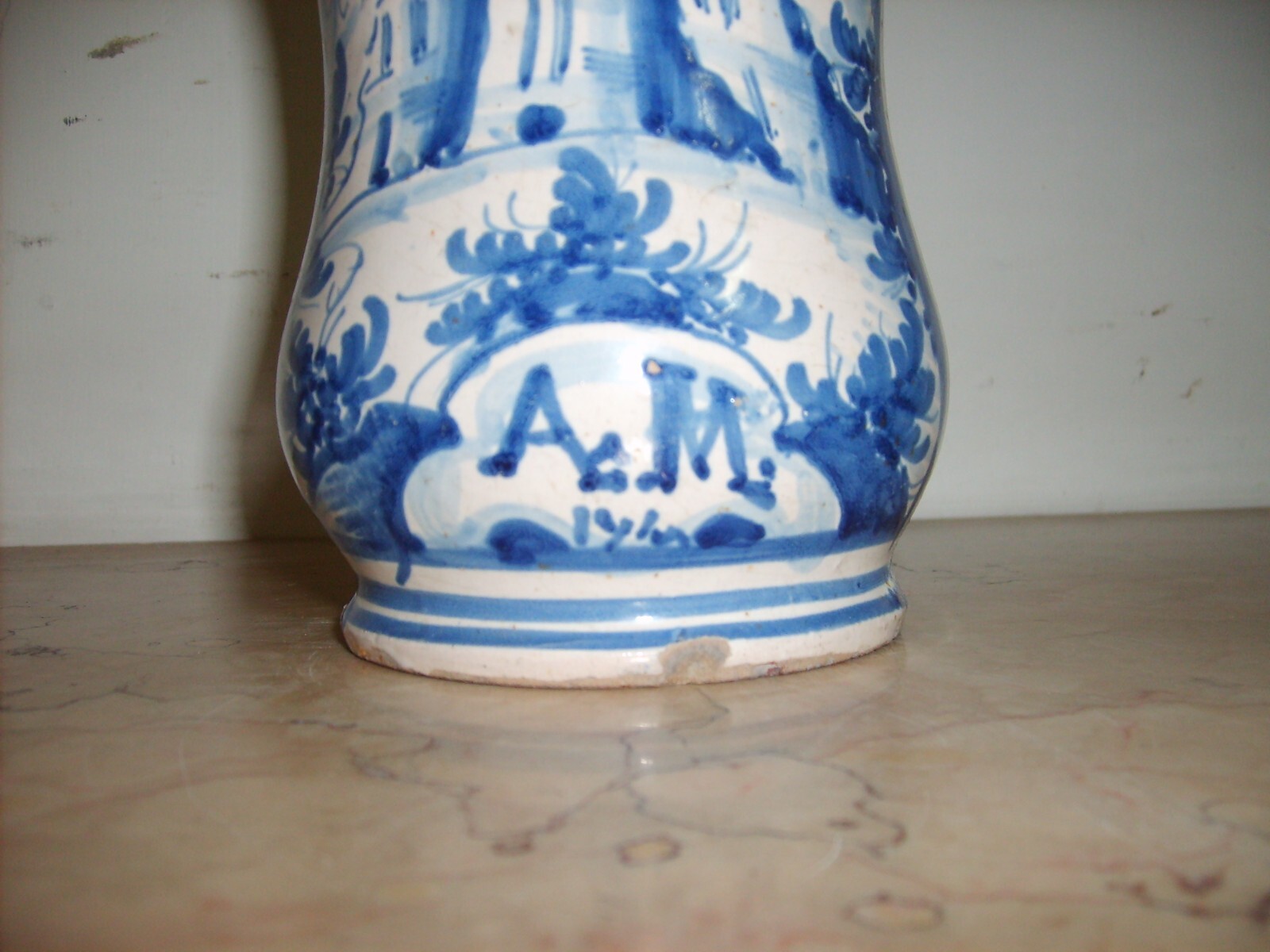 Antica Maiolica Meridionale Albarello Vaso Da Farmacia Veduta Paesaggistica '700