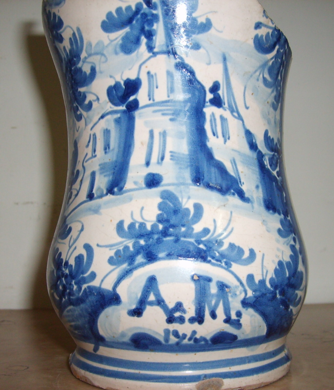 Antica Maiolica Meridionale Albarello Vaso Da Farmacia Veduta Paesaggistica '700