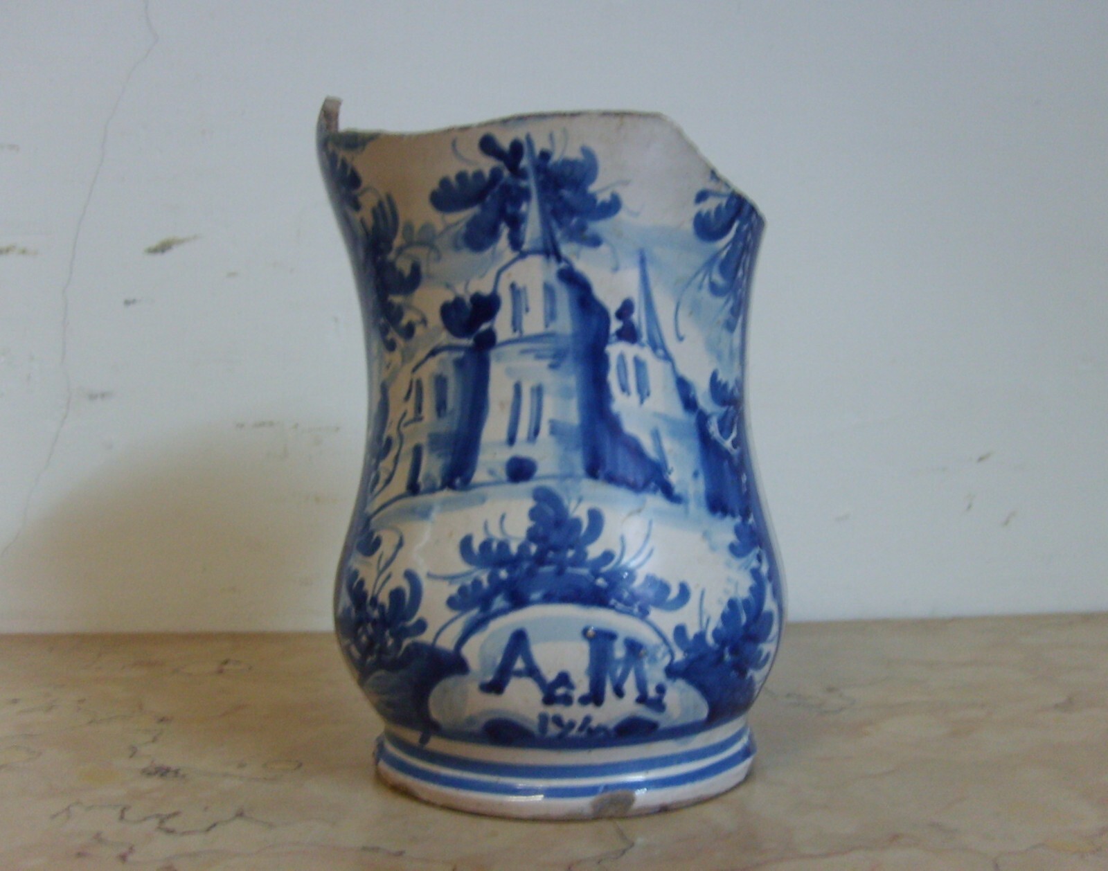 Antica Maiolica Meridionale Albarello Vaso Da Farmacia Veduta Paesaggistica '700