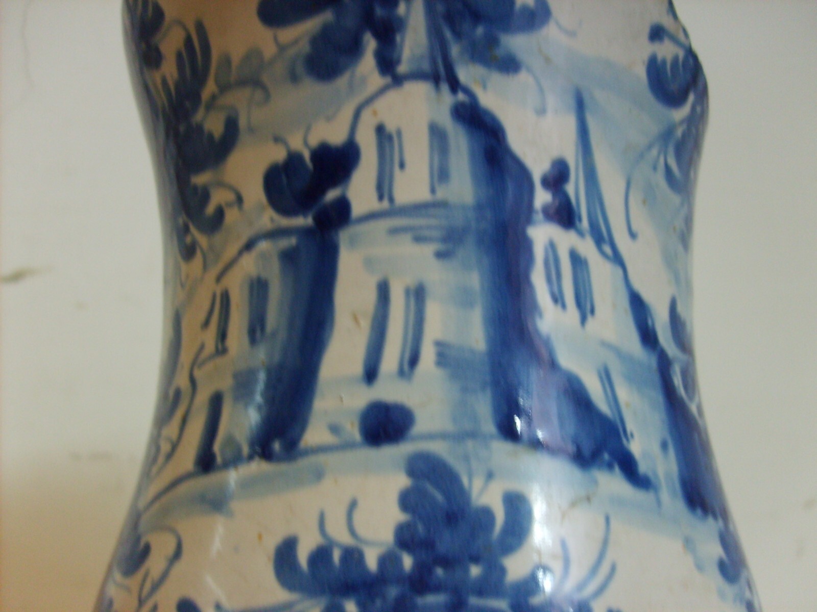 Antica Maiolica Meridionale Albarello Vaso Da Farmacia Veduta Paesaggistica '700