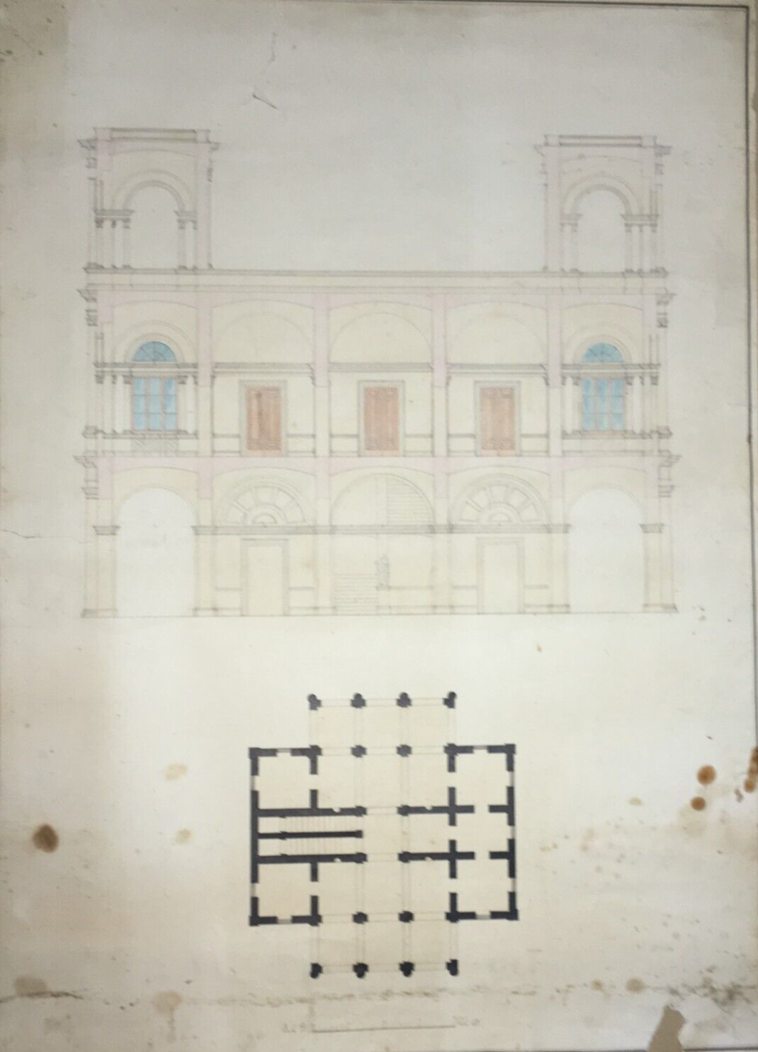 Architettura Antico Progetto Architettonico Palazzo Disegno Originale d'Epoca