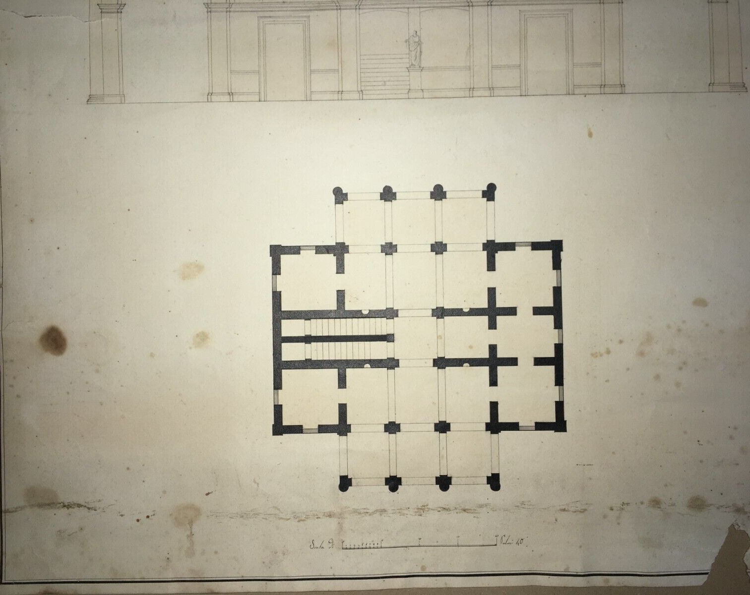 Architettura Antico Progetto Architettonico Palazzo Disegno Originale d'Epoca