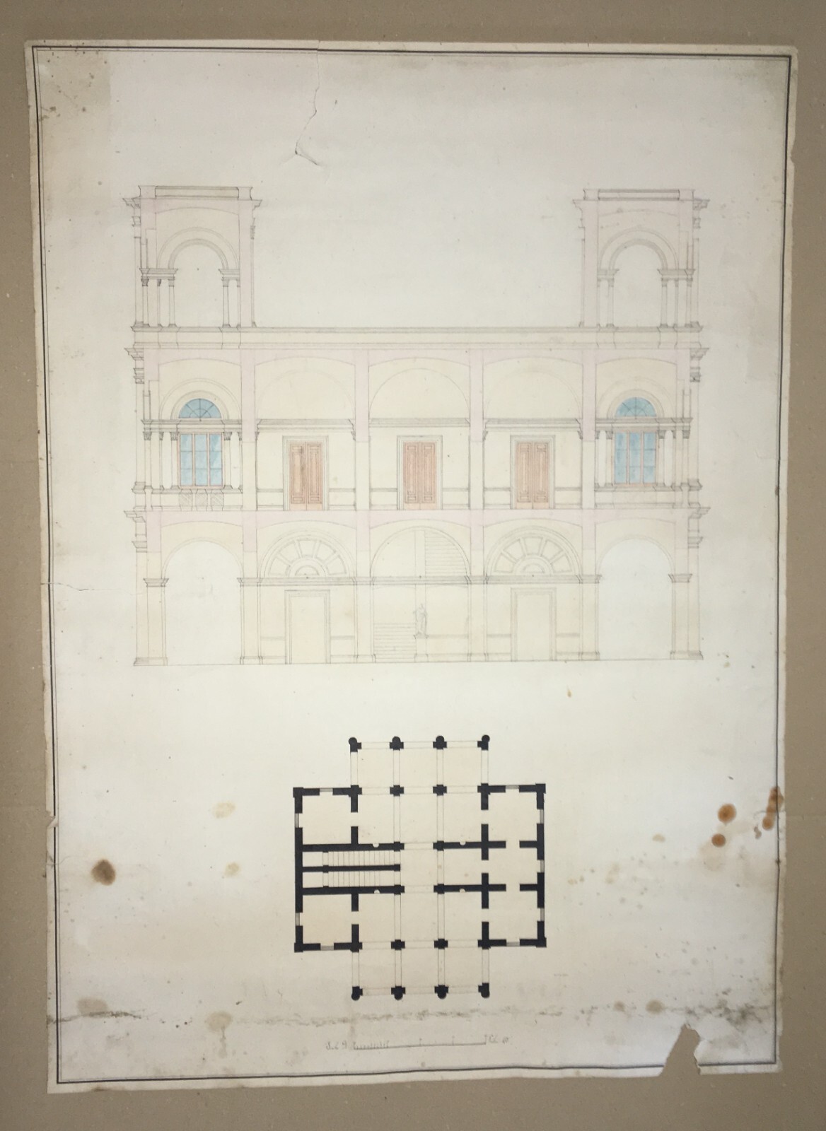 Architettura Antico Progetto Architettonico Palazzo Disegno Originale d'Epoca