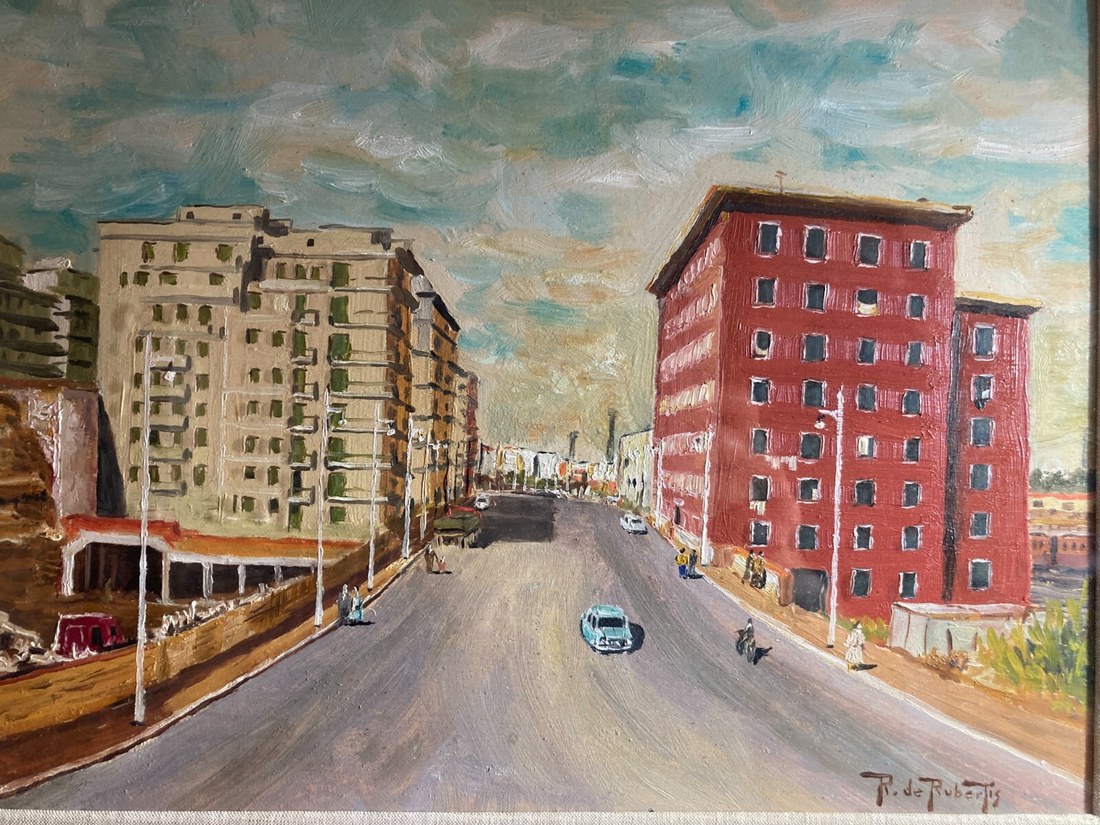 Arte Paesaggio Urbano Animata Veduta Dipinto d'Epoca R. De Robertis Firmato '900