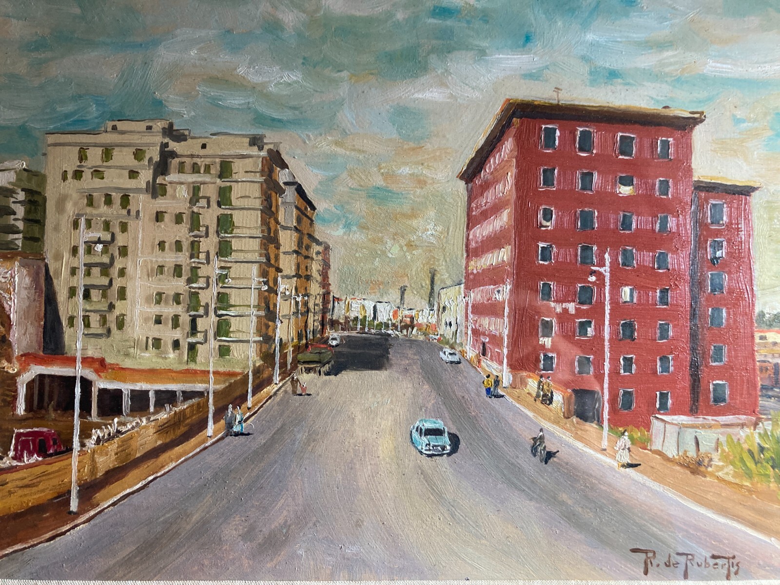 Arte Paesaggio Urbano Animata Veduta Dipinto d'Epoca R. De Robertis Firmato '900