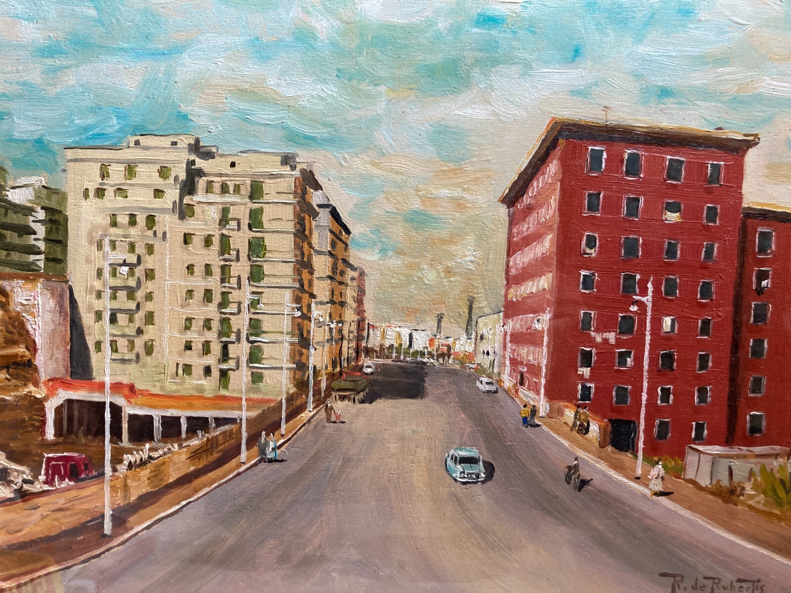 Arte Paesaggio Urbano Animata Veduta Dipinto d'Epoca R. De Robertis Firmato '900