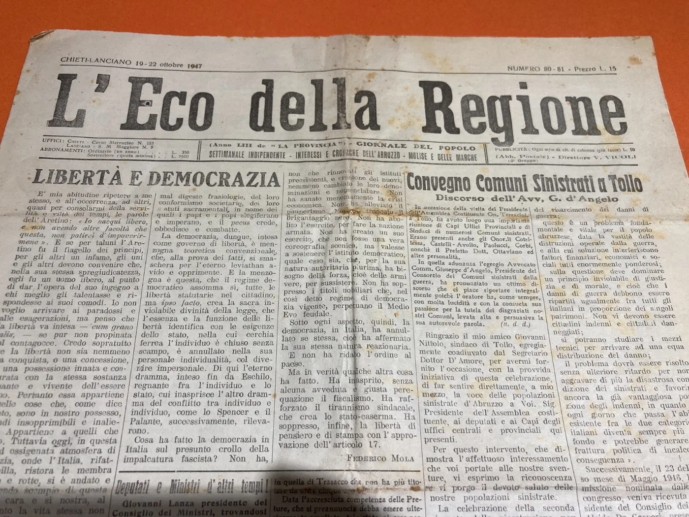 L'Eco Della Regione: Settimanale Di Cronaca Abruzzese (19 22 Ottobre 1947)