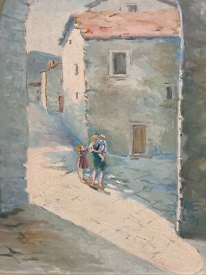 Arte: Suggestiva Veduta Di Paese Con Figure. Dipinto Contemporaneo, 1954. Firmato.