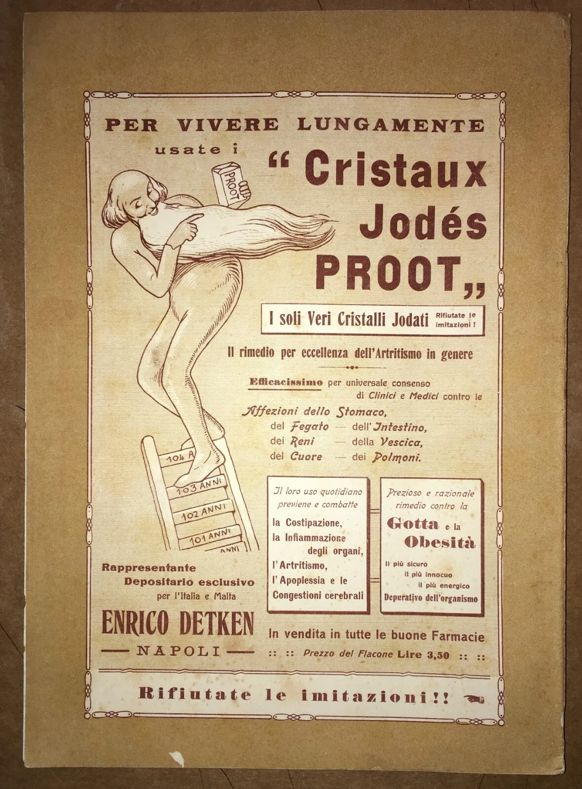 Medicina Antica, Stampa Pubblicitaria Farmaceutica Cristalli Proot, Napoli, 1913, foto 3 di 3