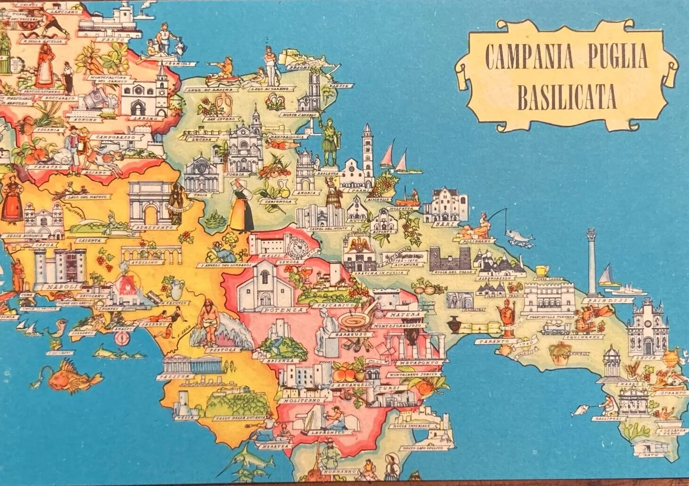 Pubblicitaria Motta Cartolina Cartografica Folklorica Campania, Puglia, Basilicata, foto 3 di 3
