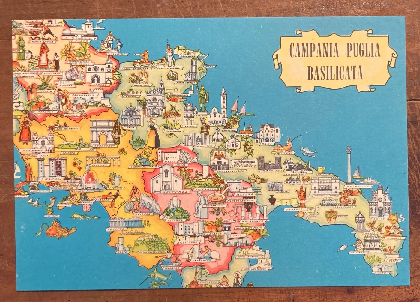 Pubblicitaria Motta Cartolina Cartografica Folklorica Campania, Puglia, Basilicata
