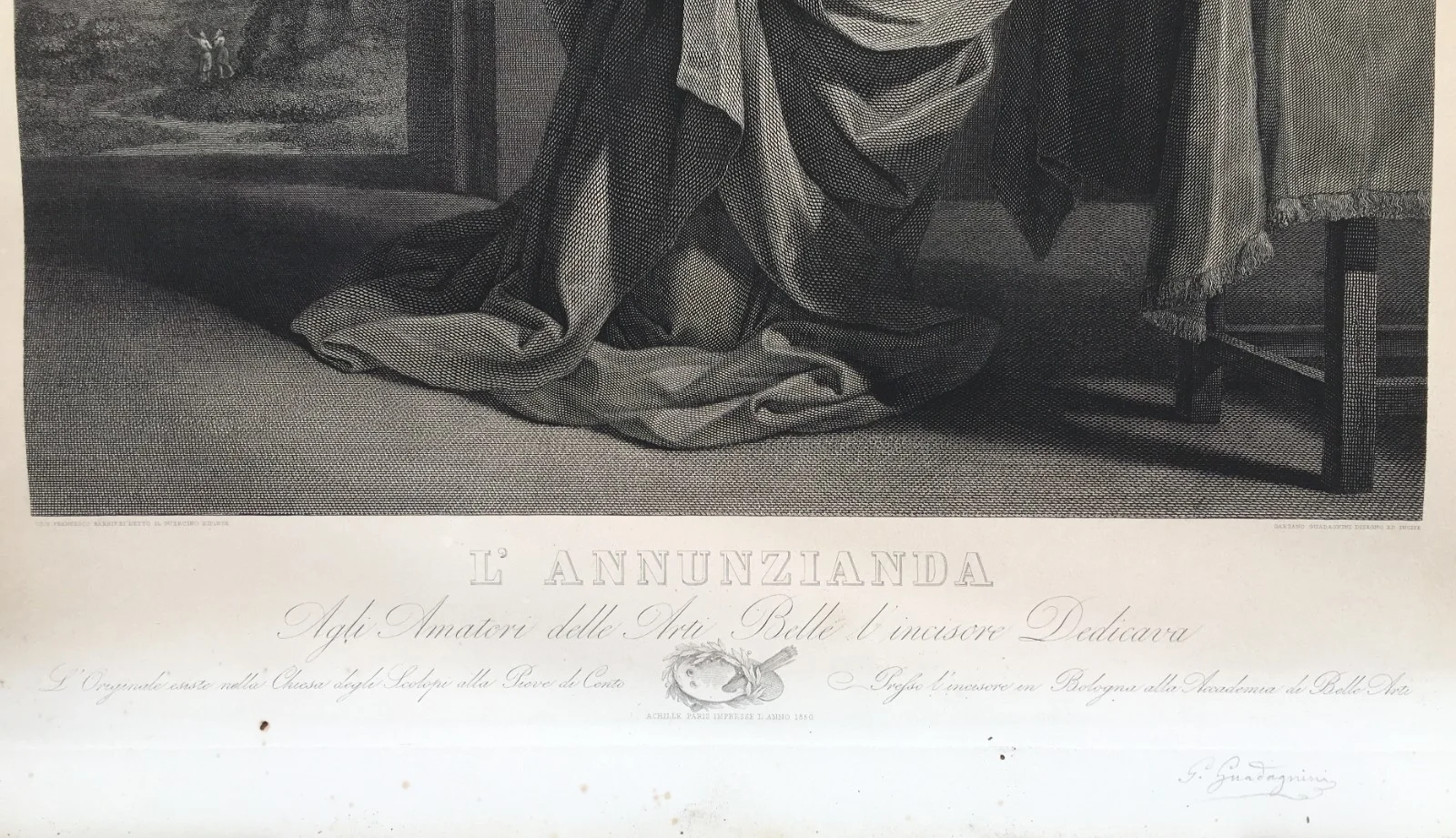 L'Annunzianda, Acquaforte di Guadagnini da Guercino, 1850, foto 17 di 19