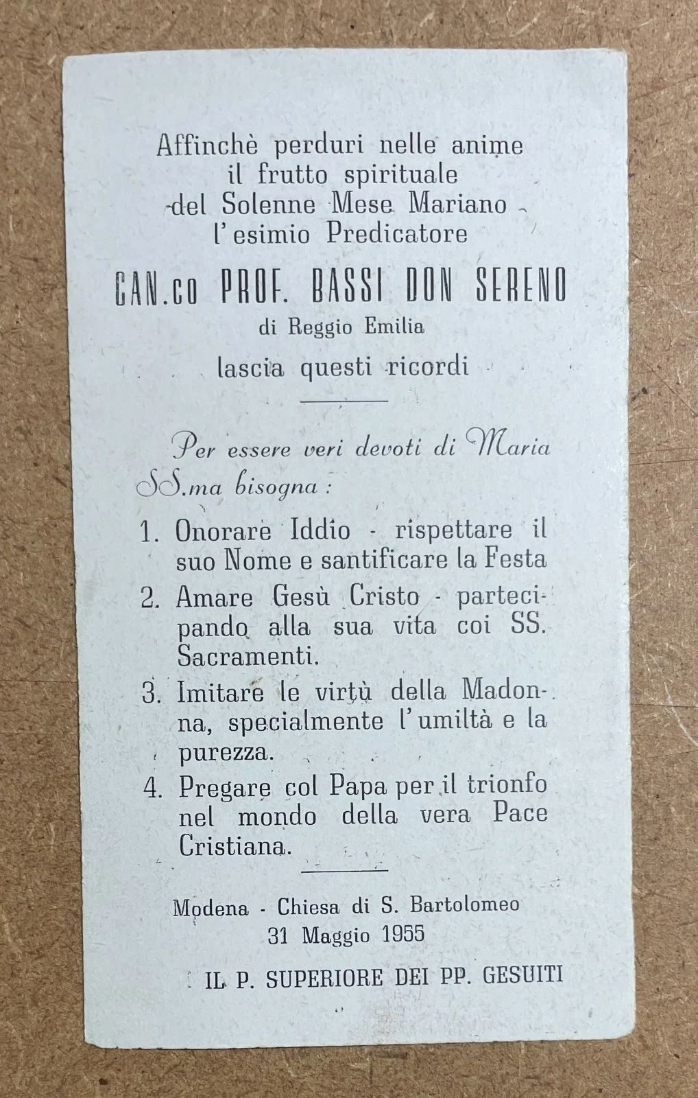 Santino della Madonnina di Ferruzzi per Don Sereno Bassi, 1955