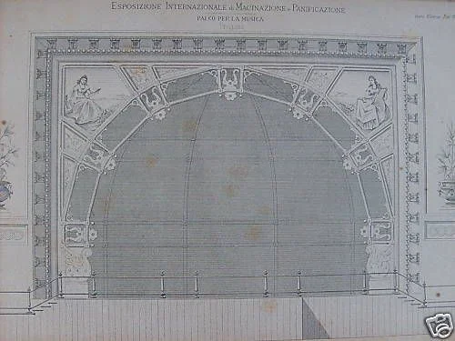 Stampa Litografica Prospetto Palco Per La Musica Esposizione Di Panificazione XIX Secolo