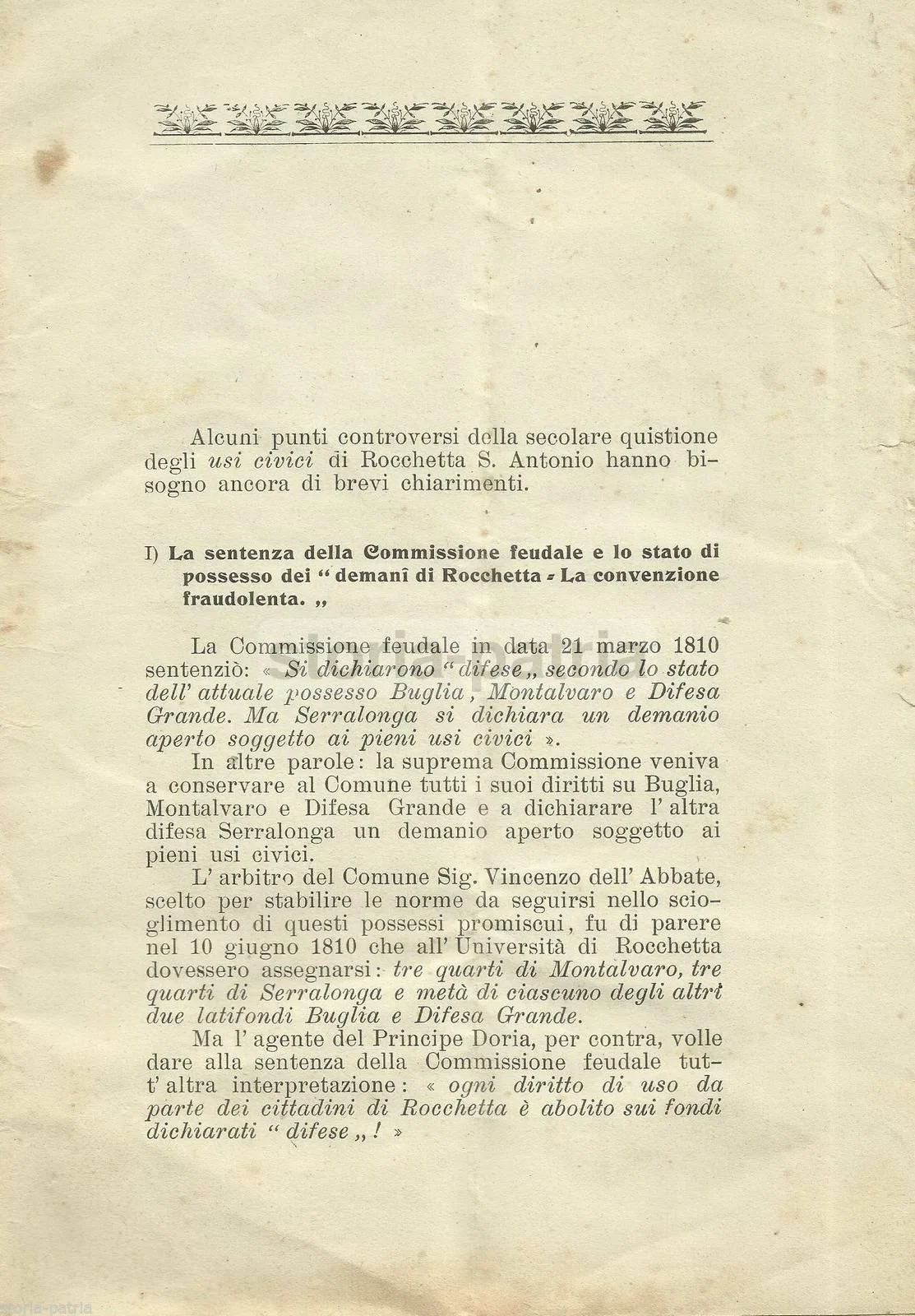 Usi Civici Rocchetta Sant'Antonio 1915 Giuseppe d'Urso Puglia