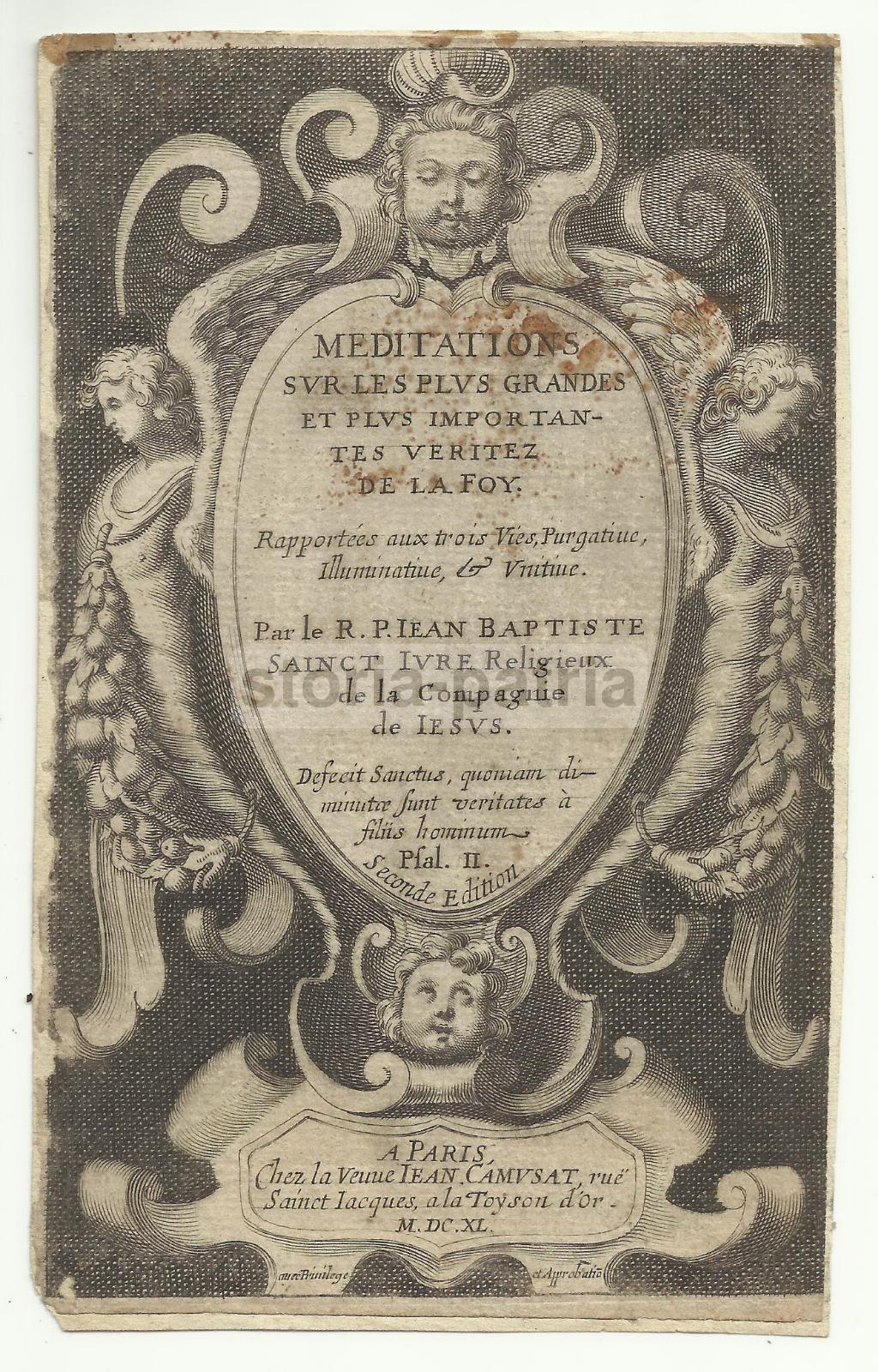 Antica Incisione Con Allegorie, Teologia, Compagnia Di Gesu, Gesuiti, Camusat, 1640 immagine 1