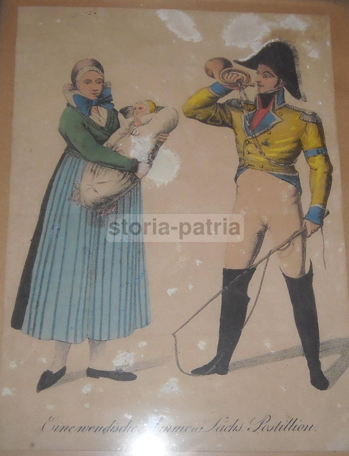 Antica Stampa A Colori, Postiglione In Divisa, Tromba E Frusta, Maternita, Neonato immagine 1