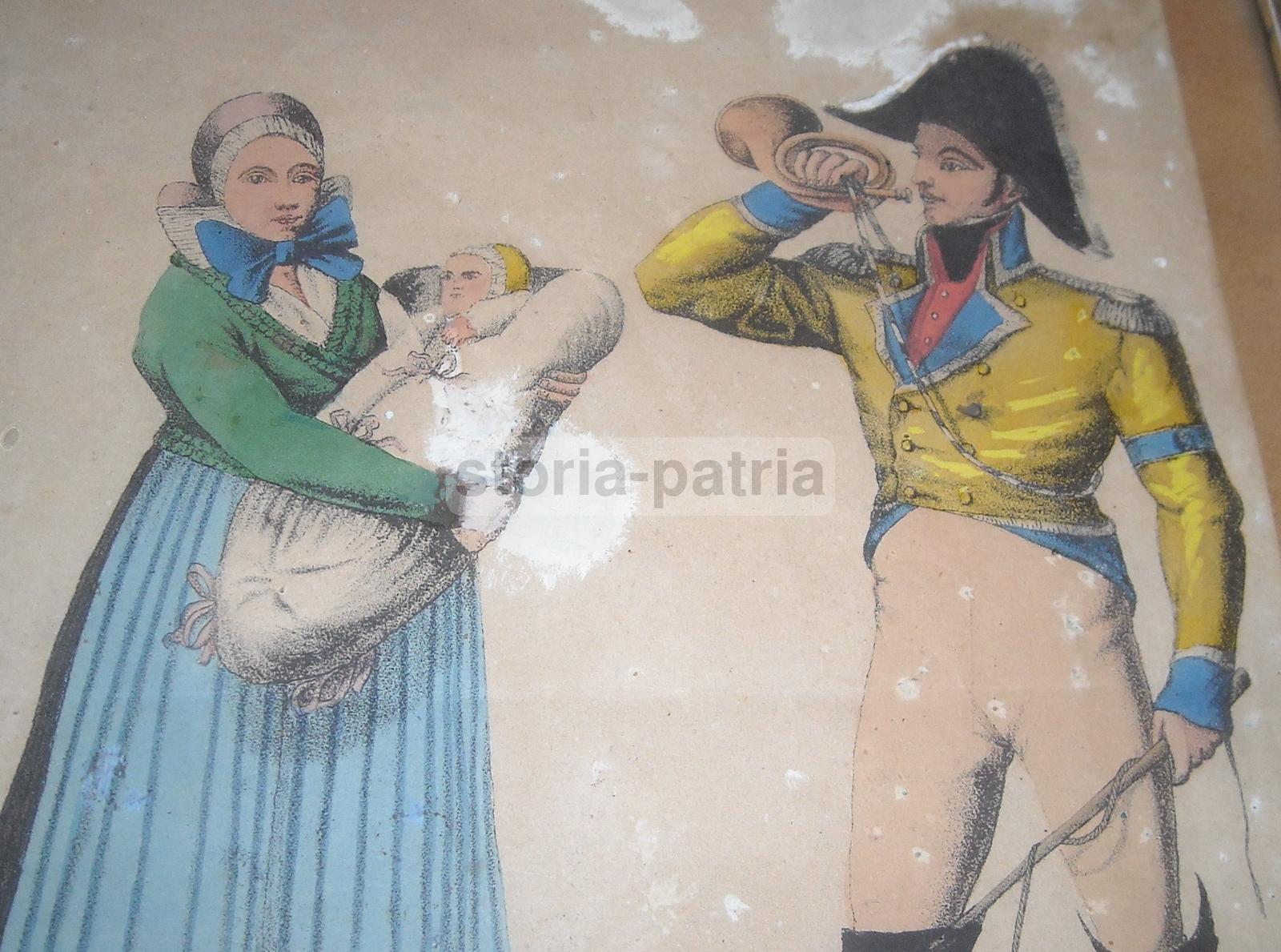 Antica Stampa A Colori, Postiglione In Divisa, Tromba E Frusta, Maternita, Neonato immagine 2