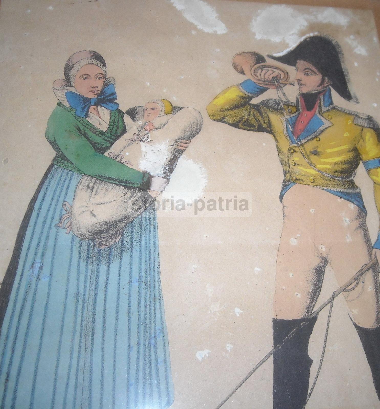 Antica Stampa A Colori, Postiglione In Divisa, Tromba E Frusta, Maternita, Neonato immagine 3
