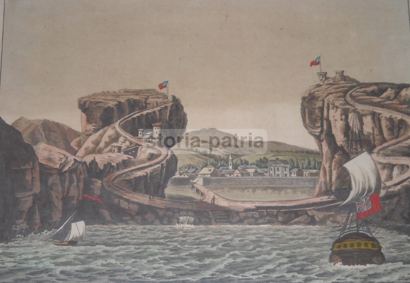 Antica Veduta, Marineria, Velieri, Paesaggio Con Fortificazioni, Bandiere, Santelena immagine 1